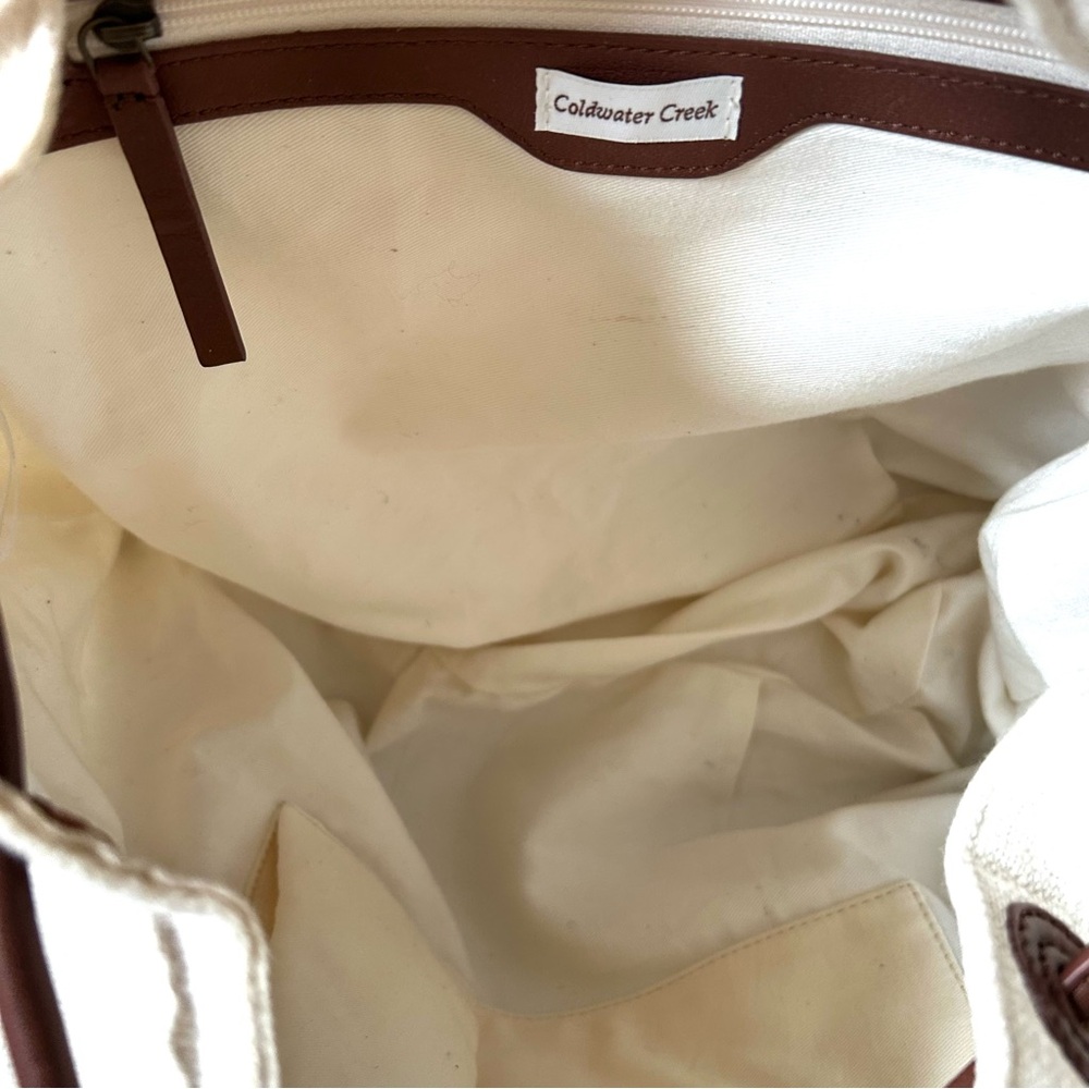 Coldwater Creek Brown Leather and Cream Cotton Backpack/Crossbody Bag - Picture 8 of 9